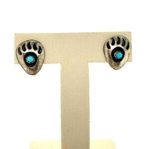 VTG Estate Navajo Sterling Silver & Turquoise Bear Paw Stud Pierced Earrings! 25
